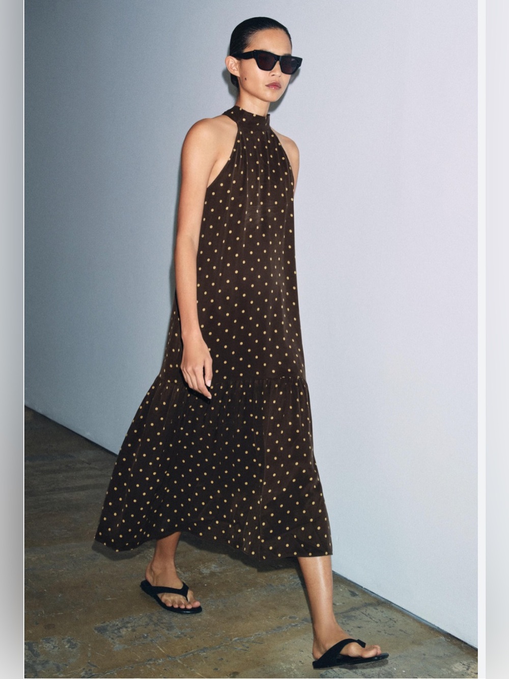 Zara Brown Halter Midi Dress with Gold Polka Dots